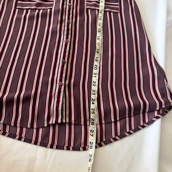Express Portofino Slim Button Up Burgundy Striped Blouse Wms L Roll Tab Sleeves - Picture 10 of 11